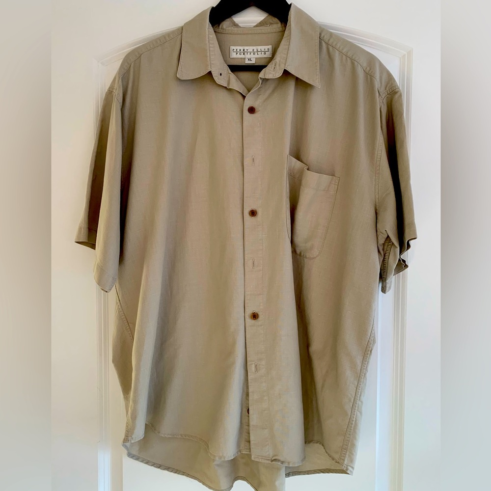 Perry Ellis Short Sleeve Tan Linen Camp/Work Shirt - XL FLAWLESS condition